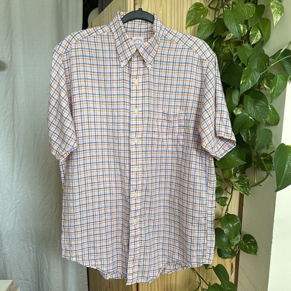 Brooks Brothers Irish Linen Shirt‎ Men's M The Original Polo Plaid Orange Blue